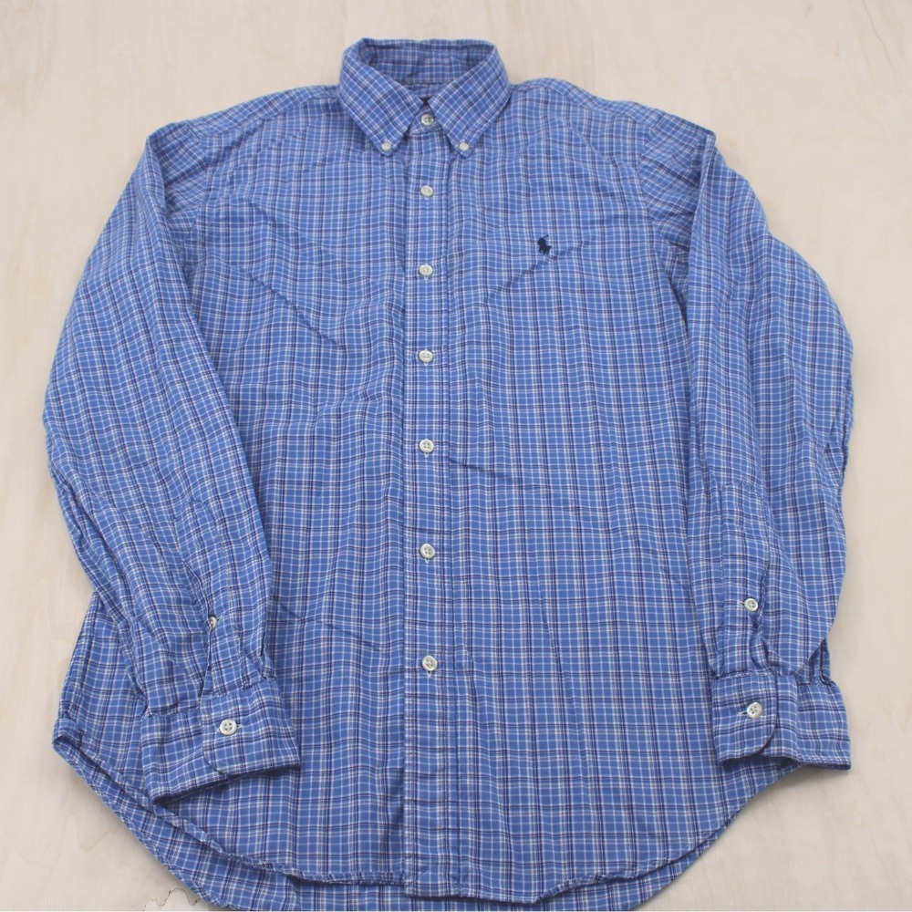 Mens Classic Plaid Button Down Shirt Blue Long Sleeve Preppy Ralph Lauren